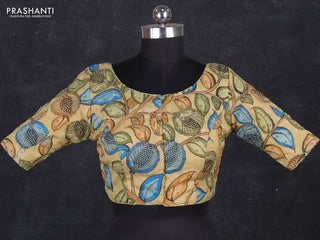 Silk penkalamkari readymade blouse pale yellow with allover kalamkari prints & pita work