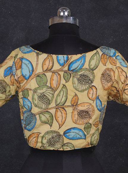 Silk penkalamkari readymade blouse pale yellow with allover kalamkari prints & pita work