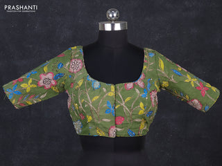 Silk penkalamkari readymade blouse green with allover kalamkari prints & pita work and back knot