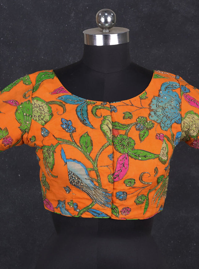 Silk penkalamkari readymade blouse orange with allover kalamkari prints & pita work