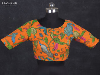 Silk penkalamkari readymade blouse orange with allover kalamkari prints & pita work