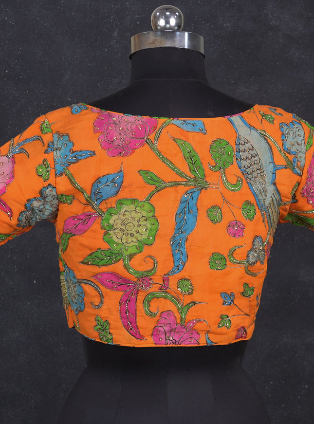 Silk penkalamkari readymade blouse orange with allover kalamkari prints & pita work