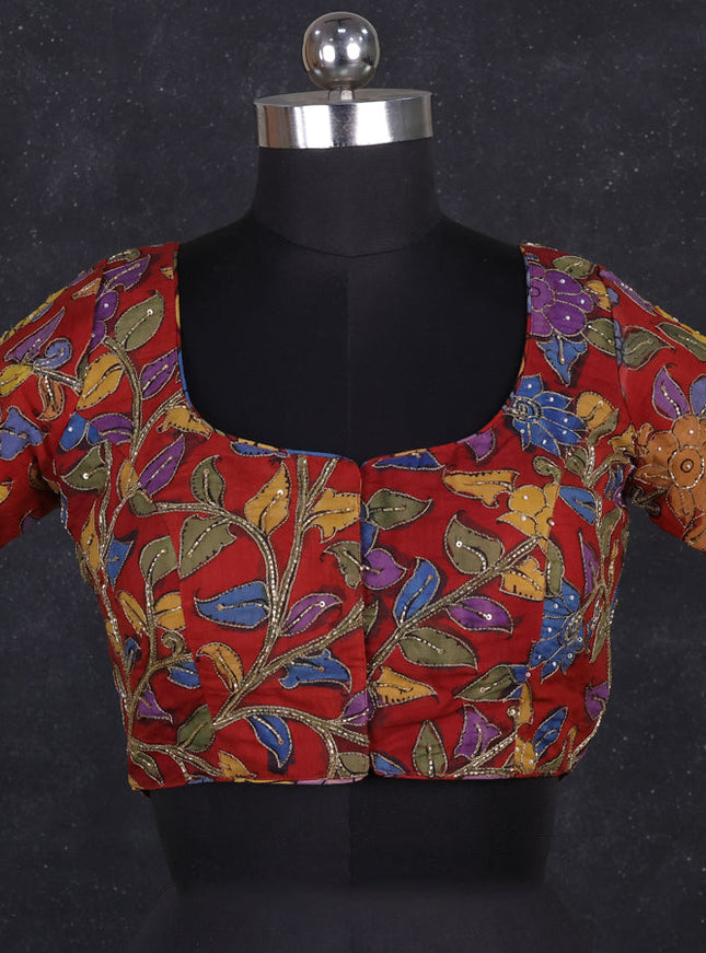 Silk penkalamkari readymade blouse maroon with allover kalamkari prints & pita work and back knot