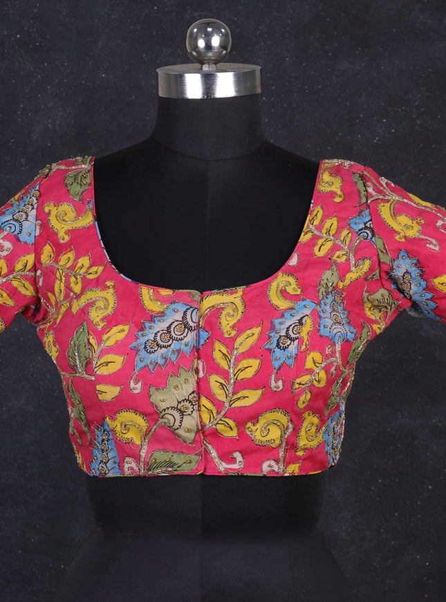 Silk penkalamkari readymade blouse pink with allover kalamkari prints & pita work and back knot