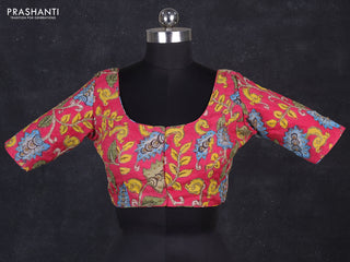 Silk penkalamkari readymade blouse pink with allover kalamkari prints & pita work and back knot