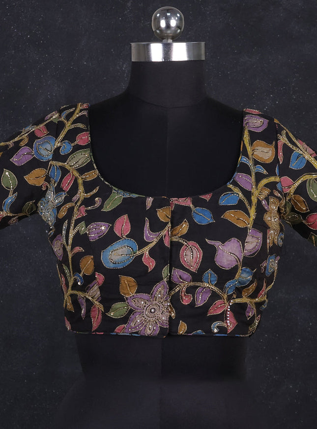 Silk penkalamkari readymade blouse black with allover kalamkari prints & pita work and back knot