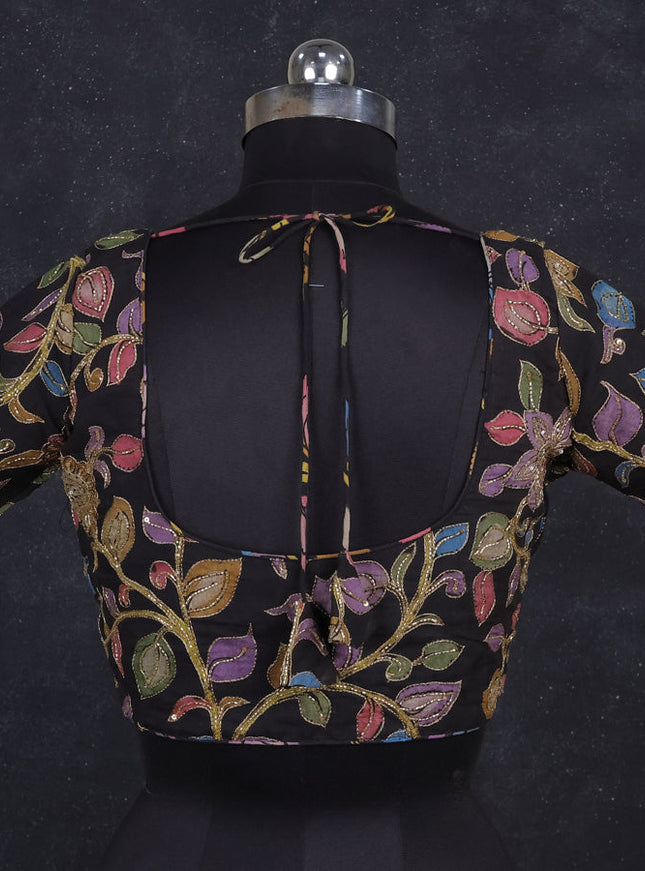Silk penkalamkari readymade blouse black with allover kalamkari prints & pita work and back knot