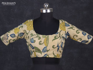 Silk penkalamkari readymade blouse cream with allover kalamkari prints & pita work and back knot