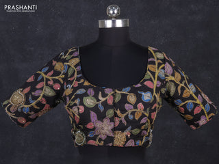 Silk penkalamkari readymade blouse black with allover kalamkari prints & pita work and back knot