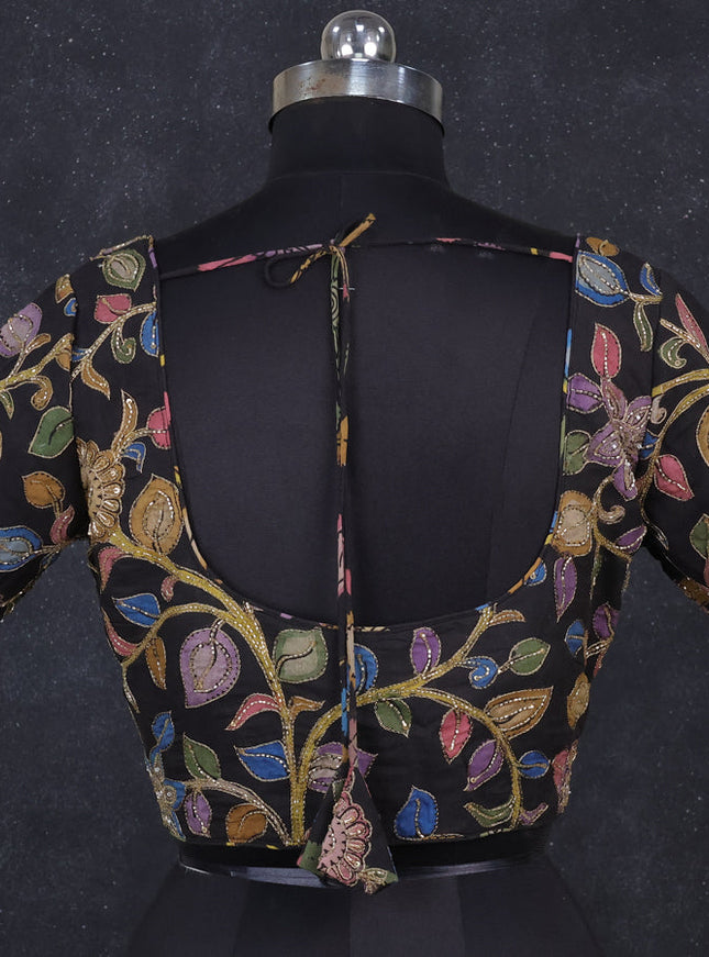 Silk penkalamkari readymade blouse black with allover kalamkari prints & pita work and back knot
