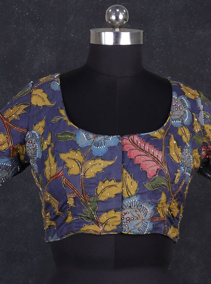 Silk penkalamkari readymade blouse greyish blue with allover kalamkari prints & pita work and back knot