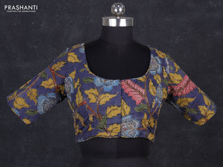 Silk penkalamkari readymade blouse greyish blue with allover kalamkari prints & pita work and back knot
