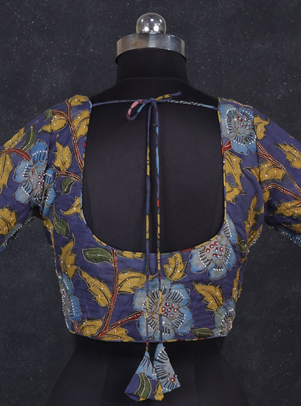 Silk penkalamkari readymade blouse greyish blue with allover kalamkari prints & pita work and back knot