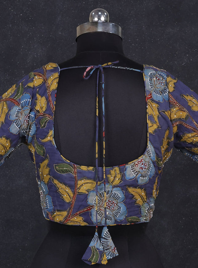 Silk penkalamkari readymade blouse greyish blue with allover kalamkari prints & pita work and back knot