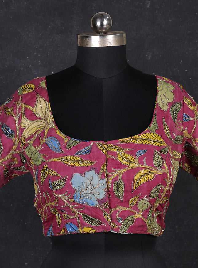 Silk penkalamkari readymade blouse maroon shade with allover kalamkari prints & pita work and back knot