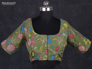 Silk penkalamkari readymade blouse green with allover kalamkari prints & pita work and back knot