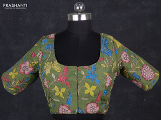 Silk penkalamkari readymade blouse green with allover kalamkari prints & pita work and back knot