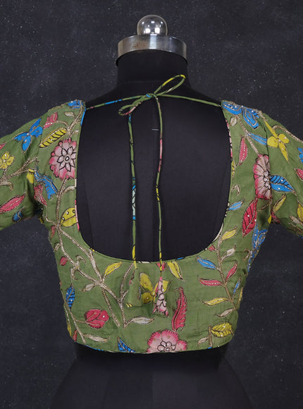 Silk penkalamkari readymade blouse green with allover kalamkari prints & pita work and back knot