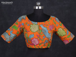 Silk penkalamkari readymade blouse orange with allover kalamkari prints & pita work