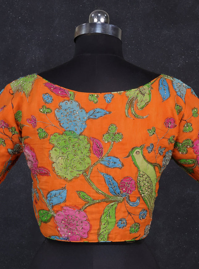 Silk penkalamkari readymade blouse orange with allover kalamkari prints & pita work