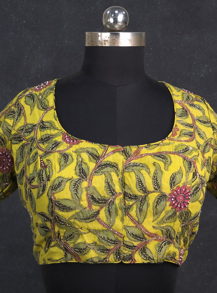 Silk penkalamkari readymade blouse lime yellow with allover kalamkari prints & pita work and back knot
