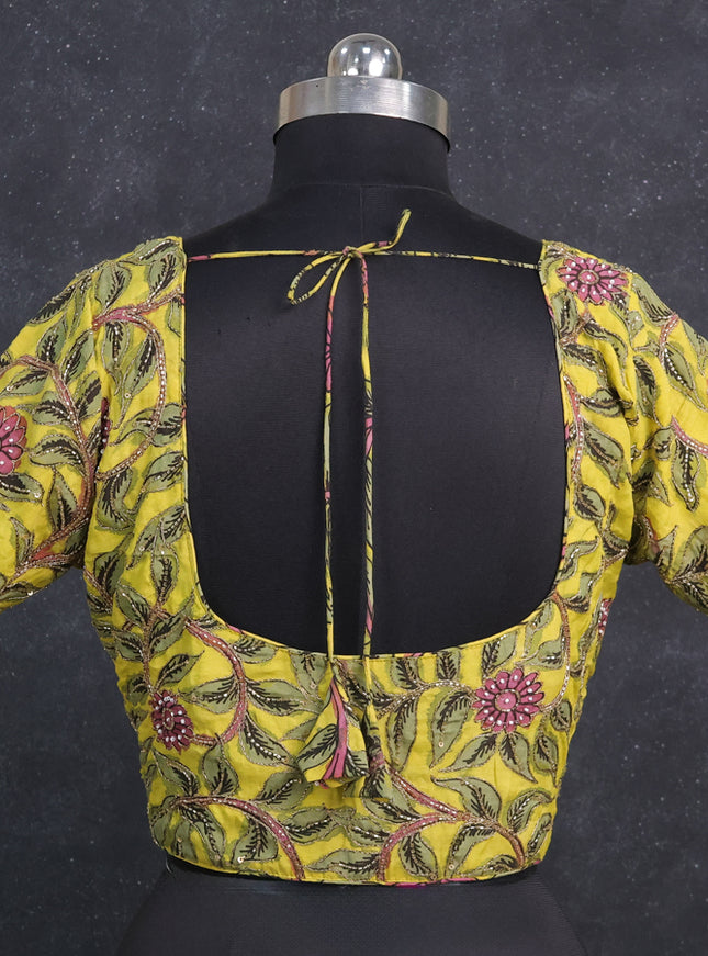 Silk penkalamkari readymade blouse lime yellow with allover kalamkari prints & pita work and back knot
