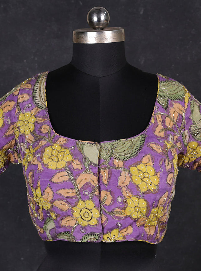 Silk penkalamkari readymade blouse lavender with allover kalamkari prints & pita work and back knot