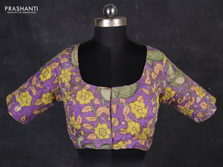 Silk penkalamkari readymade blouse lavender with allover kalamkari prints & pita work and back knot