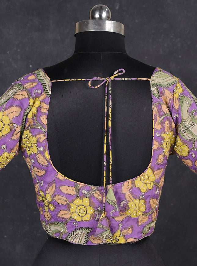 Silk penkalamkari readymade blouse lavender with allover kalamkari prints & pita work and back knot