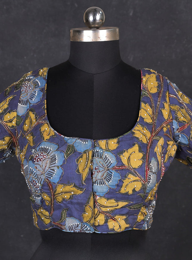 Silk penkalamkari readymade blouse bluish grey with allover kalamkari prints & pita work and back knot