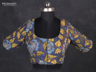 Silk penkalamkari readymade blouse bluish grey with allover kalamkari prints & pita work and back knot