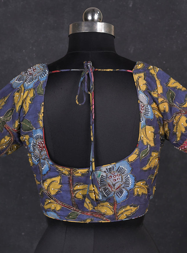 Silk penkalamkari readymade blouse bluish grey with allover kalamkari prints & pita work and back knot