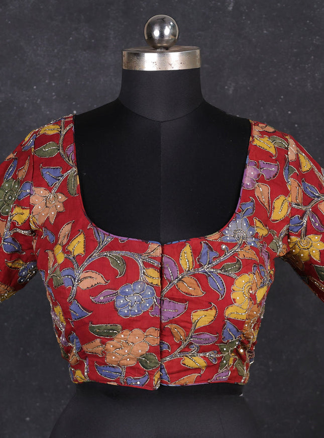 Silk penkalamkari readymade blouse maroon with allover kalamkari prints & pita work and back knot