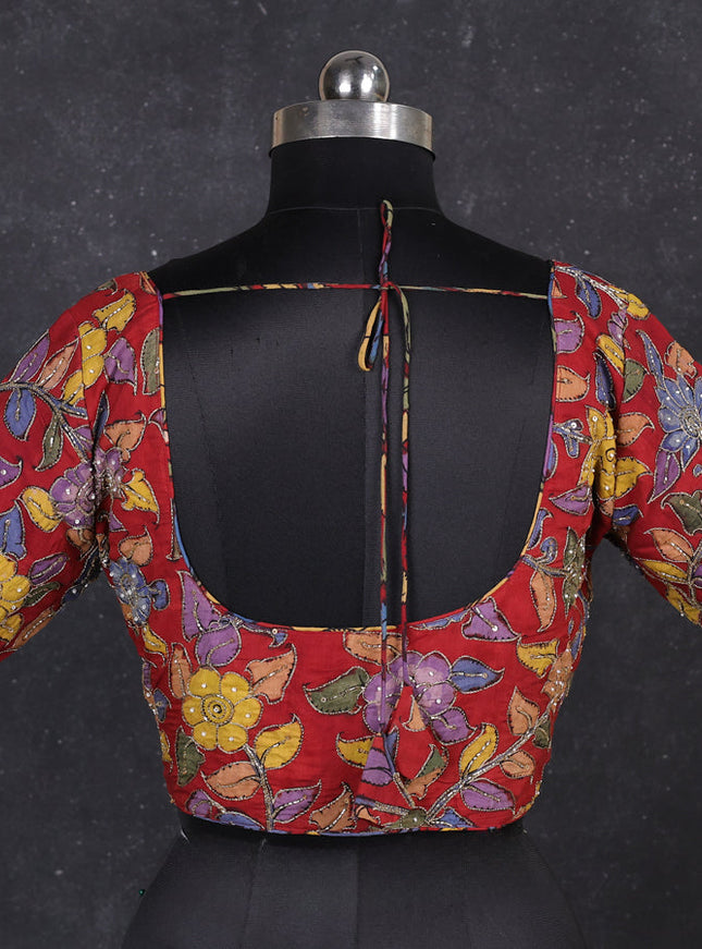 Silk penkalamkari readymade blouse maroon with allover kalamkari prints & pita work and back knot