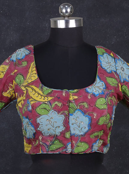 Silk penkalamkari readymade blouse maroon shade with allover kalamkari prints & pita work and back knot