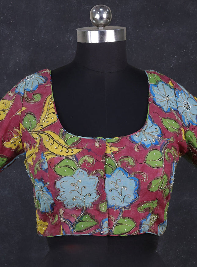 Silk penkalamkari readymade blouse maroon shade with allover kalamkari prints & pita work and back knot