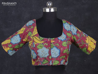 Silk penkalamkari readymade blouse maroon shade with allover kalamkari prints & pita work and back knot