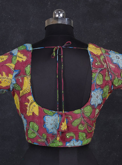 Silk penkalamkari readymade blouse maroon shade with allover kalamkari prints & pita work and back knot