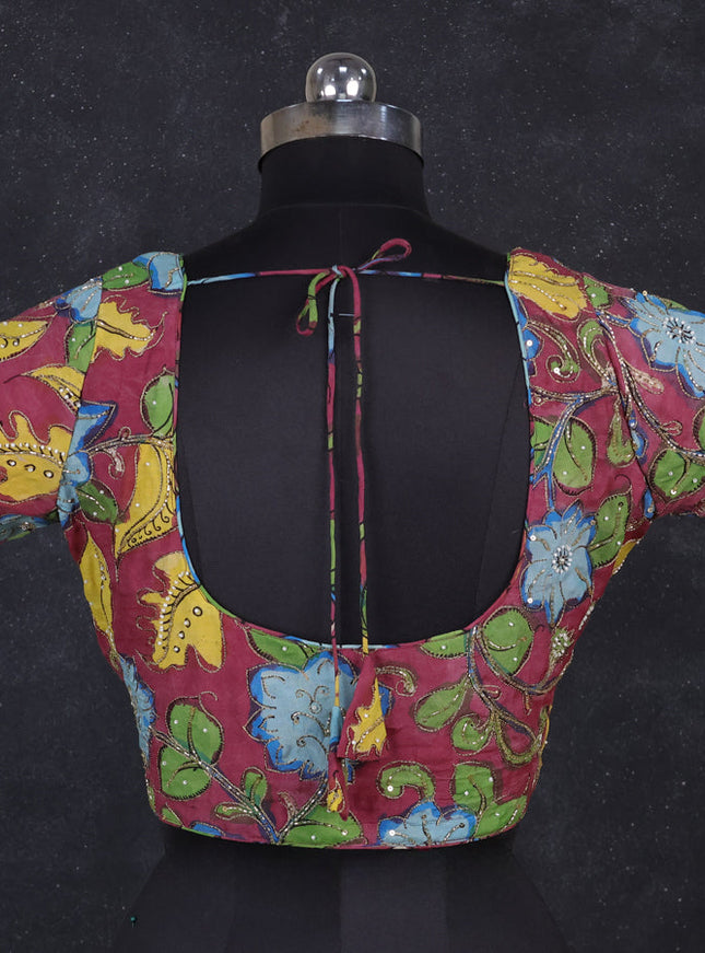 Silk penkalamkari readymade blouse maroon shade with allover kalamkari prints & pita work and back knot