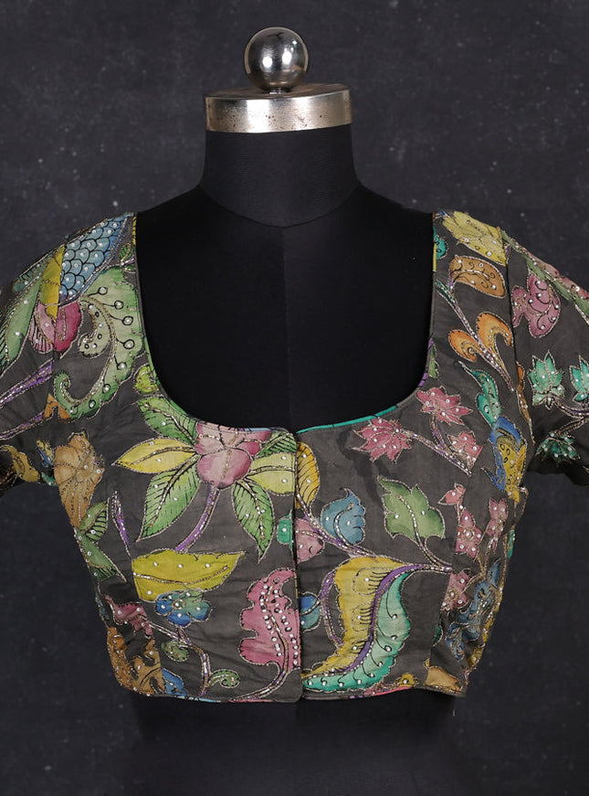 Silk penkalamkari readymade blouse grey shade with allover kalamkari prints & pita work and back knot