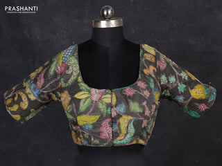 Silk penkalamkari readymade blouse grey shade with allover kalamkari prints & pita work and back knot