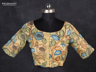Silk penkalamkari readymade blouse sandal with allover kalamkari prints & pita work and back knot