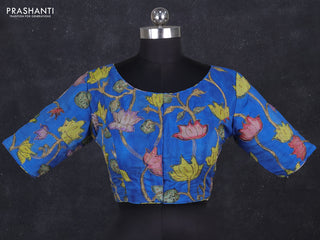 Silk penkalamkari readymade blouse blue with allover kalamkari prints & pita work and back knot