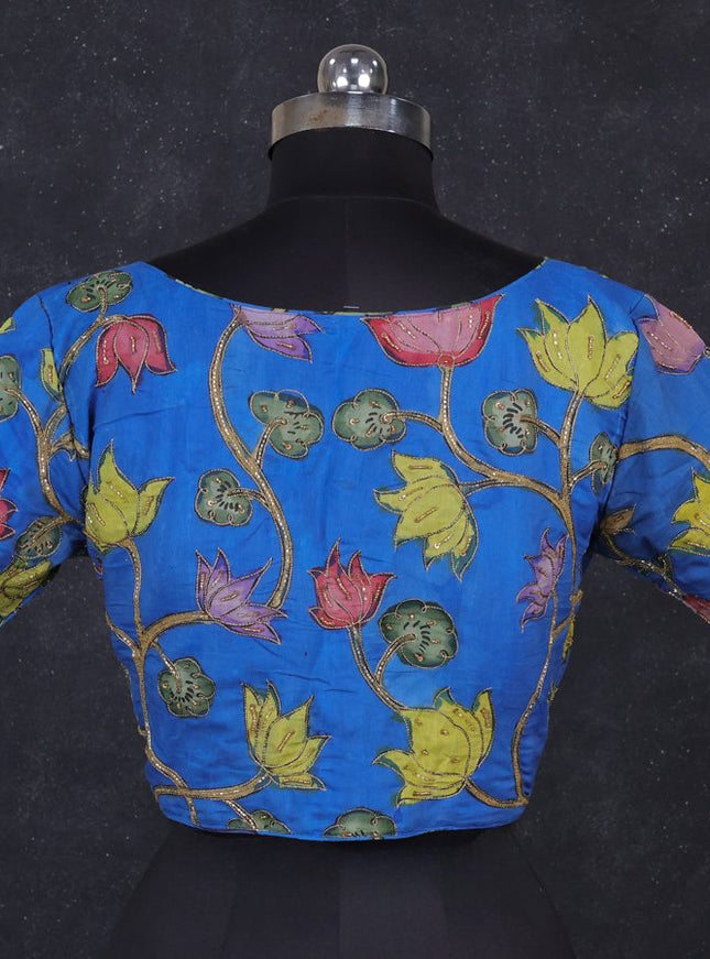 Silk penkalamkari readymade blouse blue with allover kalamkari prints & pita work and back knot