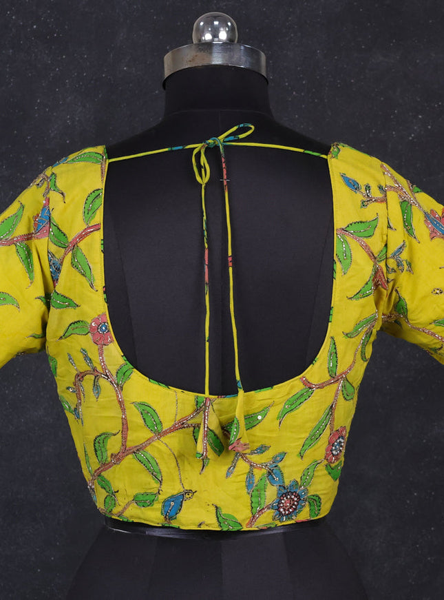 Silk penkalamkari readymade blouse lime yellow with allover kalamkari prints & pita work and back knot