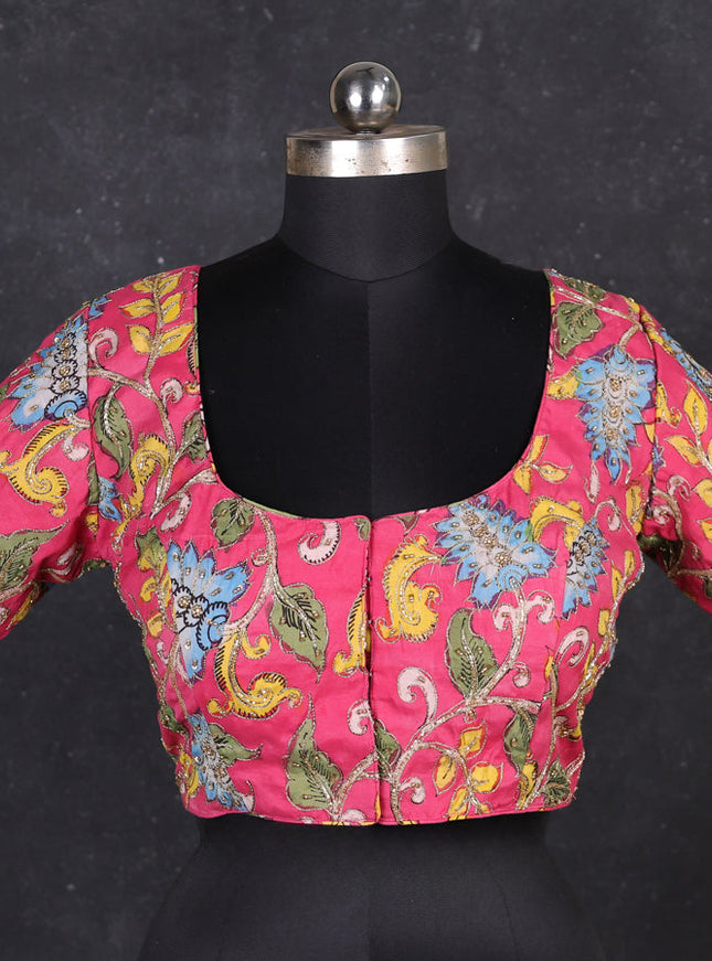 Silk penkalamkari readymade blouse pink with allover kalamkari prints & pita work and back knot
