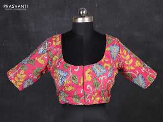Silk penkalamkari readymade blouse pink with allover kalamkari prints & pita work and back knot