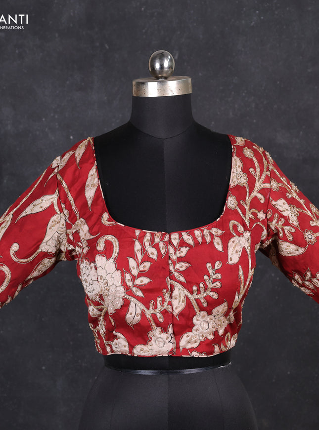 Silk penkalamkari readymade blouse maroon with allover kalamkari prints & pita work and back knot