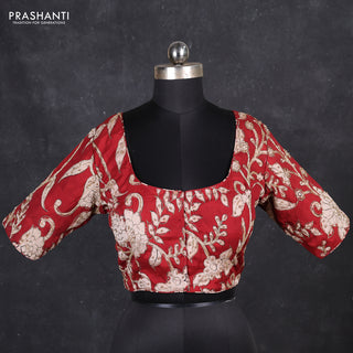 Silk penkalamkari readymade blouse maroon with allover kalamkari prints & pita work and back knot