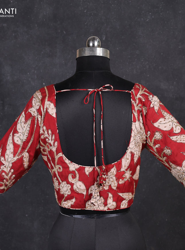 Silk penkalamkari readymade blouse maroon with allover kalamkari prints & pita work and back knot